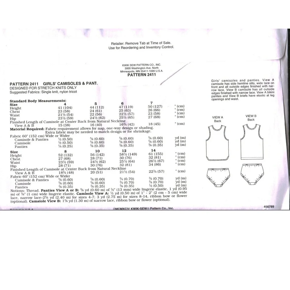 Kwik Sew 2411 Girls Camisole and Panties Sewing Pattern Sizes 4-14 Vintage 1994